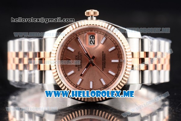 Rolex Datejust Clone Rolex 3135 Automatic Two Tone Case/Bracelet with Rose Gold Dial and Stick Markers (BP) - Click Image to Close